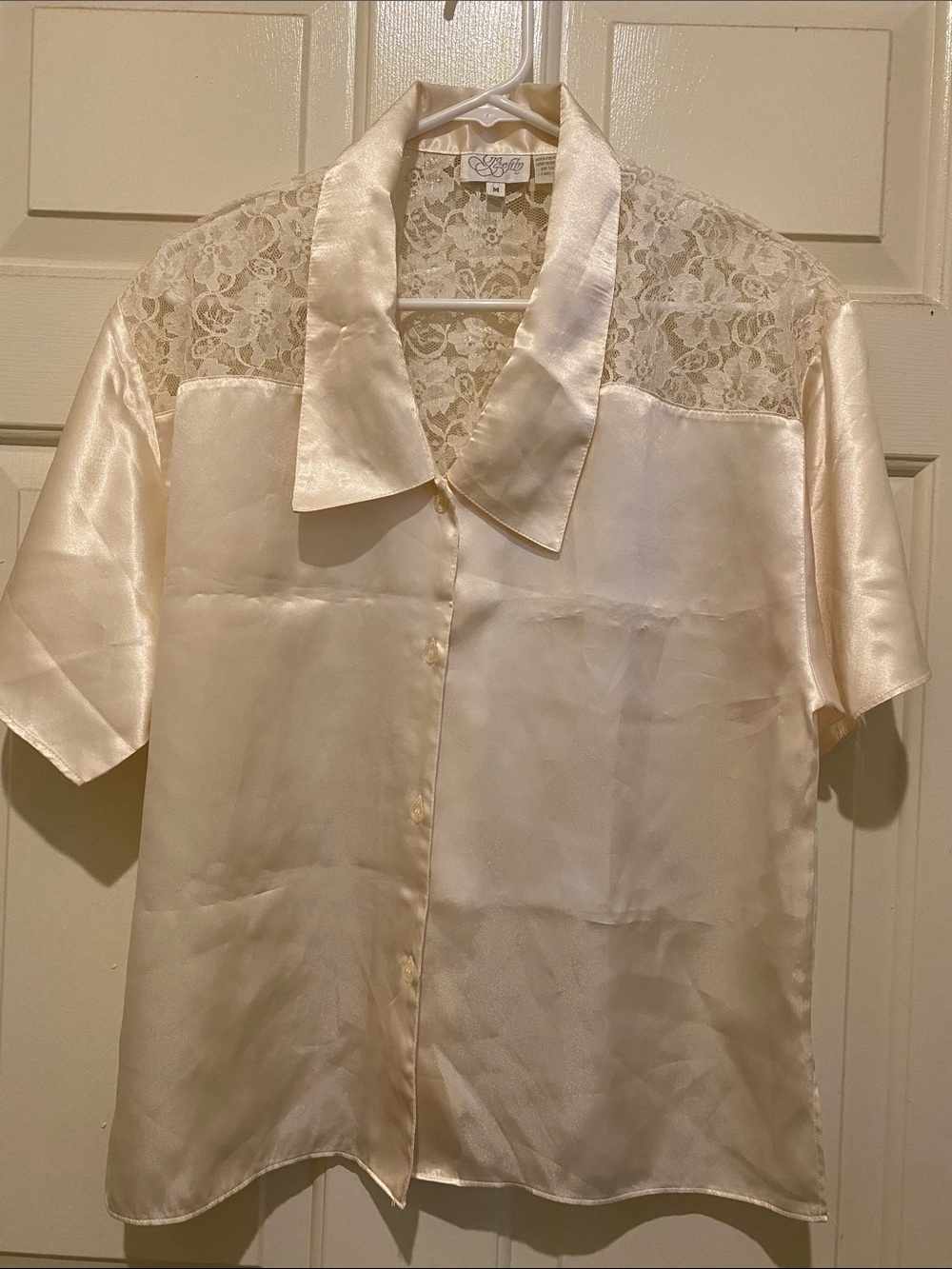 Silky Lace-Trim Short Sleeve Button Front Pajama Top - Cream